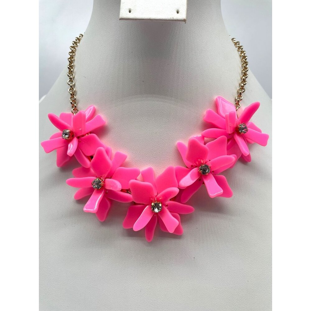 J.Crew Gold Chain Necklace Pink Floral Acrylic Design & Rhinestone Accents 16"